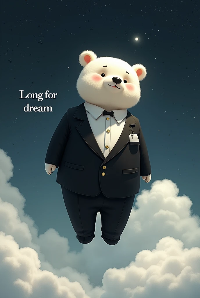 animated bear, with an elegant black and white suit, on a cloud in space with a phrase that says long for dream 