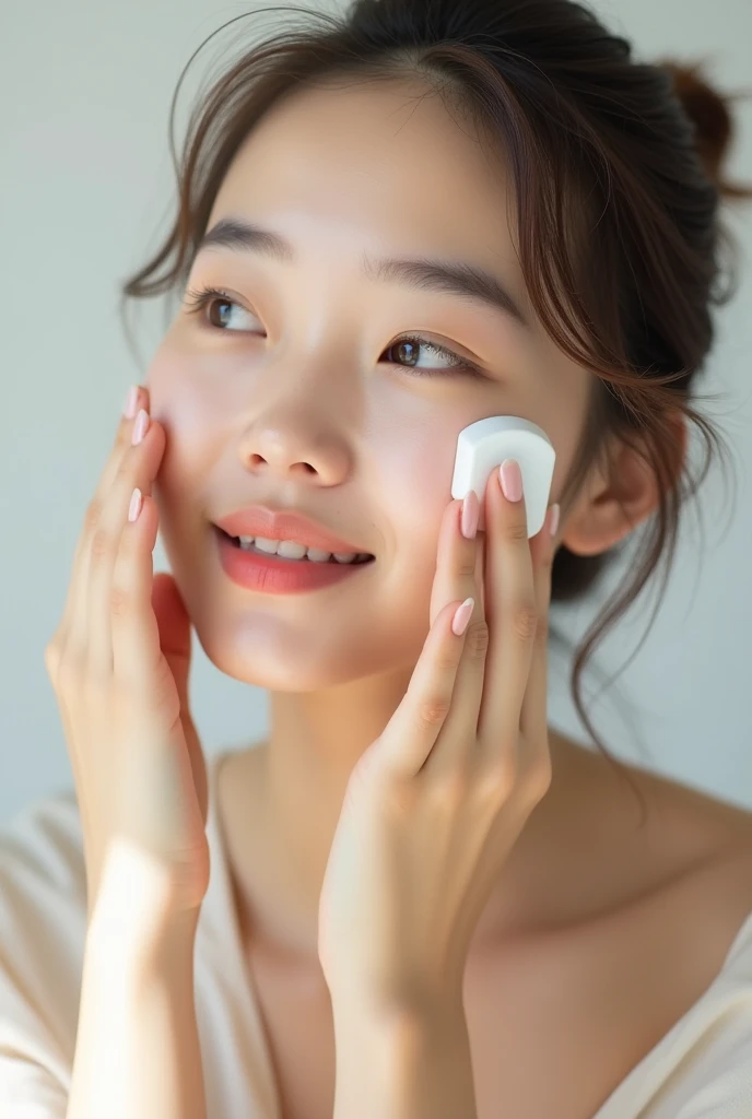 photo of a girl applying a stick product with white packaging to her face