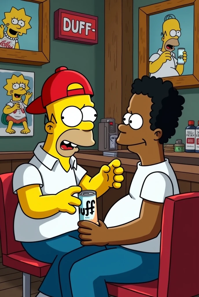 Homer Simpson sitting at Moe&#39;s bar talking to his black friend Carl, Homer has a red duff beer in his hand and a watch and his cap backwards
