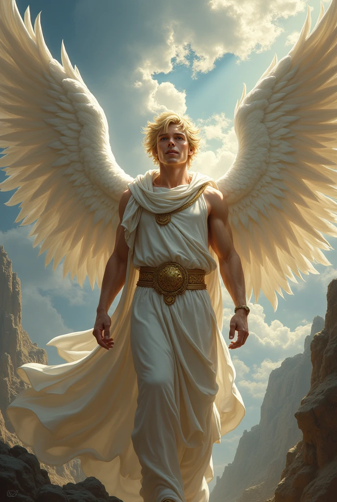 god of dreams, blond, with white wings, mythology artwork, naughty man, mighty, homen