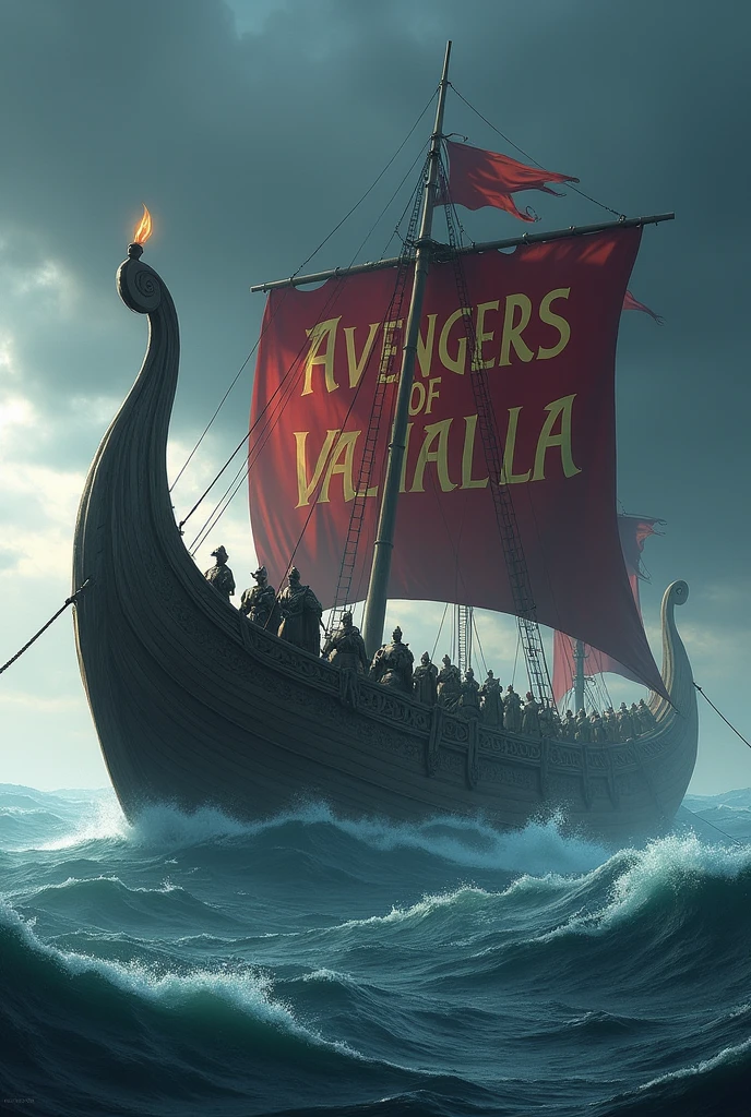A giant Viking ship full of warriors with the inscription "AVENGERS OF VALHALLA" in the large size candle