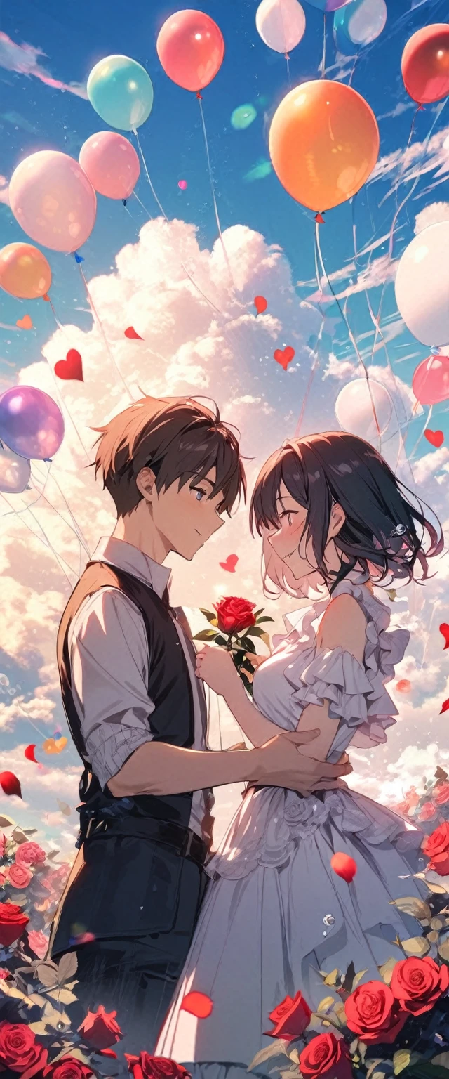1 boy and 1 girl,couple,heart,hands duo,flower,clouds,bubbles,rose flower,balloons,clouds,sky,