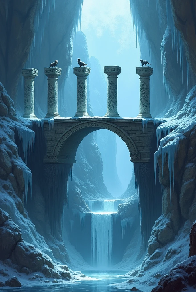 Create a medieval RPG map by: a large bridge in a cold, icy cave, with crystals and the like around, there is a big hole around the bridge. When the bridge is finished (connects with the other side) there is a flat area where there are 5 pillars where each pillar carries a type of animal as its main image, being respectively: serpent, Lion, raccoon, Dolphin and owl.