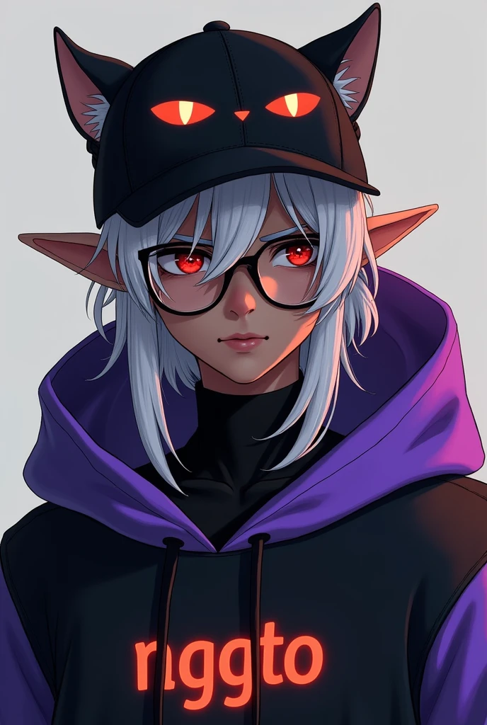 young man, Black skin tone, dark red eyes, wears prescription glasses, White hair, hair tied with ponytail, 2 strands of hair in the front, elf ear, wears an all black cap with a cat face, wears a closed hood with two different colors, black on one side and purple on the other, with an orange name written: NGGTO
