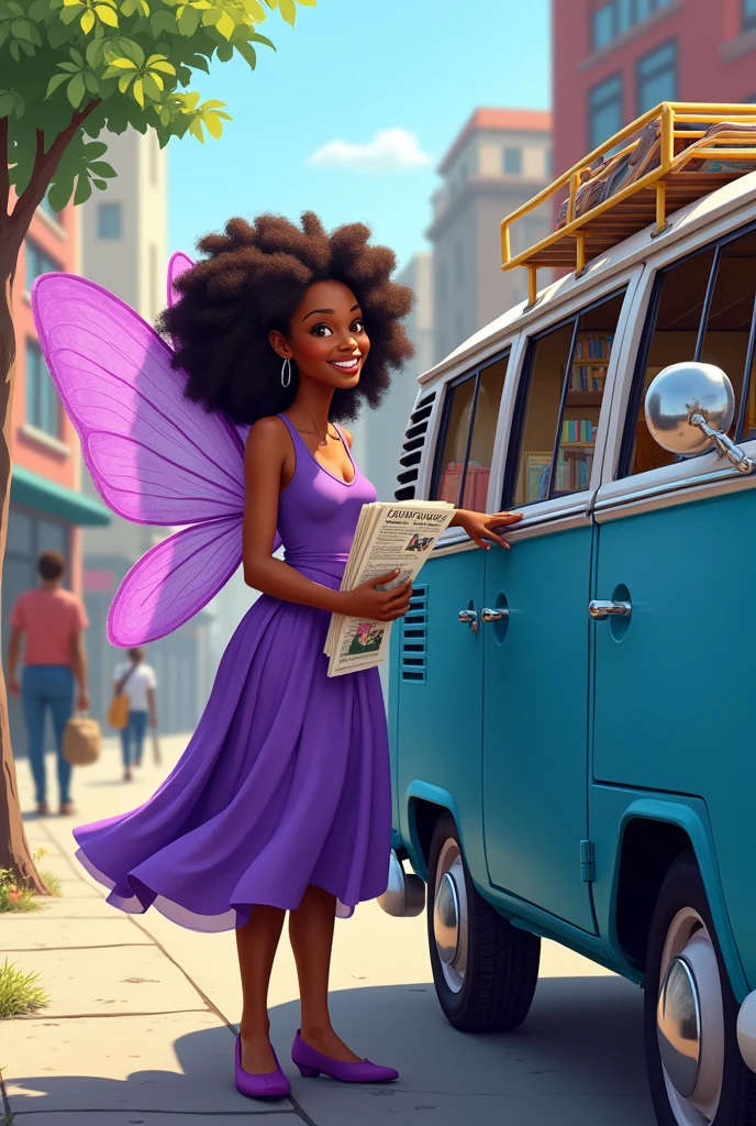 Drawing of a black teacher with curly hair, dressed as a purple fairy, with a long dress, with some pamphlets in their hands, next to a beautiful blue-toned kombi that is full of books inside. With the image in the city background and the fairy smiling at people passing by on the street