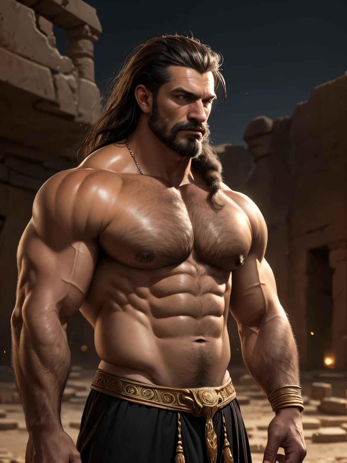 a macho man, huge muscular body, transparent skin, hairy body, tanned skin, (best quality,4k,8k,highres,masterpiece:1.2),(realistic,photorealistic,photo-realistic:1.37),ultra-detailed,HDR,UHD,studio lighting,ultra-fine painting,sharp focus,physically-based rendering,extreme detail description,professional,vivid colors,bokeh,portrait, ((Dark and ancient city background:1.3))