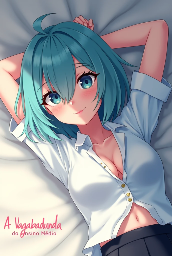a female character lying on her back with her hands behind her head, showing a slight smile on her face. She has Her hair, an unusual cyan shade, cut into a chic, asymmetrical bob that frames her heart-shaped face. The locks tend to fall haphazardly over one eye, giving her a perpetually coquettish look. She has an hourglass figure, accentuated by her tight, low-cut school uniform tops that show off her full breasts. and tied into a high bun. The character is wearing a partially unbuttoned shirt, revealing a bit of her bust. She is lying on a flat surface that appears to be the floor, in a closed environment. The perspective of the image is slightly tilted, which gives a feeling of closeness and intimacy to the scene. If I were to color the image, I would choose the following colors: 1. **Hair**: Cyan hair, to match the anime/manga style that appears to be the character's origin. 2. **Eyes**: A soft light blue tone, to enhance the facial expression. 3. **Shirt**: White or a shade of light blue, which are common colors for women's uniforms or dress shirts. 4. **Skin**: A light, rosy skin tone. 5. **Environment**: Neutral tones, such as gray or beige for the floor and walls, keeping the focus on the character. These colors would maintain the soft, pleasant tone of the scene while highlighting the character's details. Below the image in a pink and fun text should be written "A vagabunda do ensino médio" make a beautiful and elegant font for a book cover it could be a serif with delicate details, A serif font, with thin and curved strokes, conveying sophistication and timelessness, the letters must be in pink, The outline of the letters must be white, the outline must be thick. do it anime style