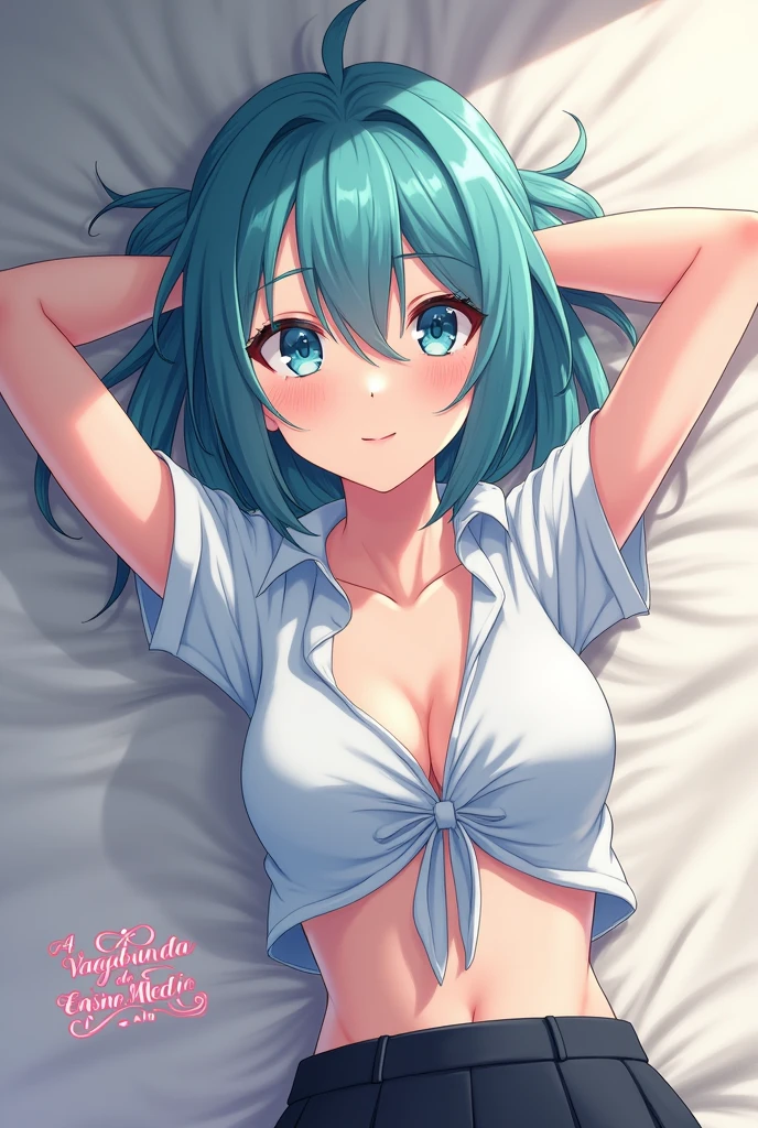 a female character lying on her back with her hands behind her head, showing a slight smile on her face. She has Her hair, an unusual cyan shade, cut into a chic, asymmetrical bob that frames her heart-shaped face. The locks tend to fall haphazardly over one eye, giving her a perpetually coquettish look. She has an hourglass figure, accentuated by her tight, low-cut school uniform tops that show off her full breasts. and tied into a high bun. The character is wearing a partially unbuttoned shirt, revealing a bit of her bust. She is lying on a flat surface that appears to be the floor, in a closed environment. The perspective of the image is slightly tilted, which gives a feeling of closeness and intimacy to the scene. If I were to color the image, I would choose the following colors: 1. **Hair**: Cyan hair, to match the anime/manga style that appears to be the character's origin. 2. **Eyes**: A soft light blue tone, to enhance the facial expression. 3. **Shirt**: White or a shade of light blue, which are common colors for women's uniforms or dress shirts. 4. **Skin**: A light, rosy skin tone. 5. **Environment**: Neutral tones, such as gray or beige for the floor and walls, keeping the focus on the character. These colors would maintain the soft, pleasant tone of the scene while highlighting the character's details. Below the image in a pink and fun text should be written "A vagabunda do ensino médio" make a beautiful and elegant font for a book cover it could be a serif with delicate details, A serif font, with thin and curved strokes, conveying sophistication and timelessness, the letters must be in pink, The outline of the letters must be white, the outline must be thick. do it anime style