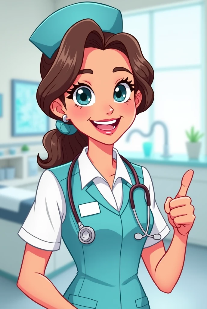 Cartoon of a dental nurse wearing a white blouse and light blue vest NO stethoscope