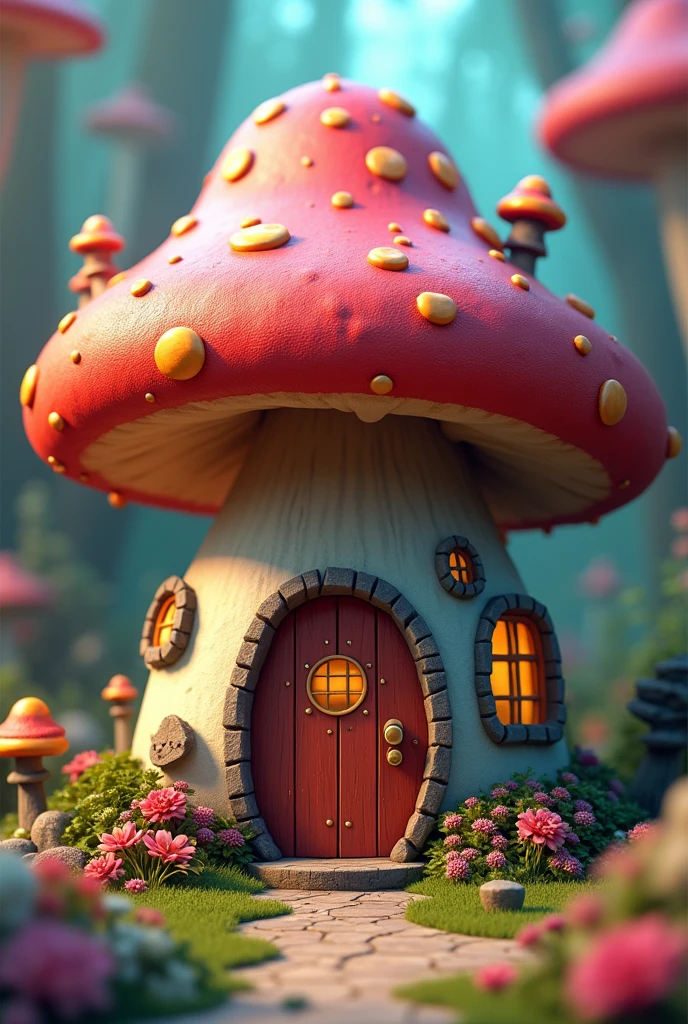 3d digital art, big mushroom drawing with door and windows, mushroom house, color Art, full of details