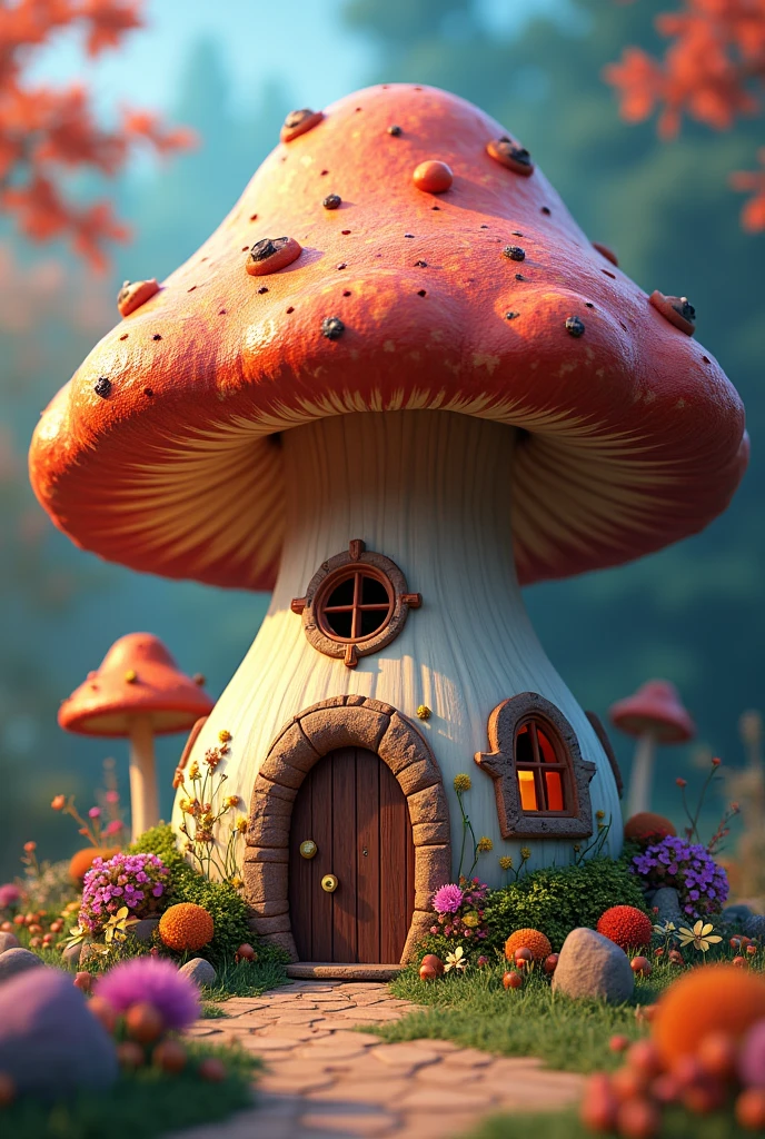 3d digital art, big mushroom drawing with door and windows, mushroom house, color Art, full of details