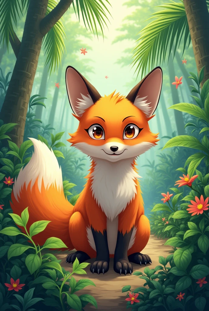 a japanese anime style fox, the background is jungle