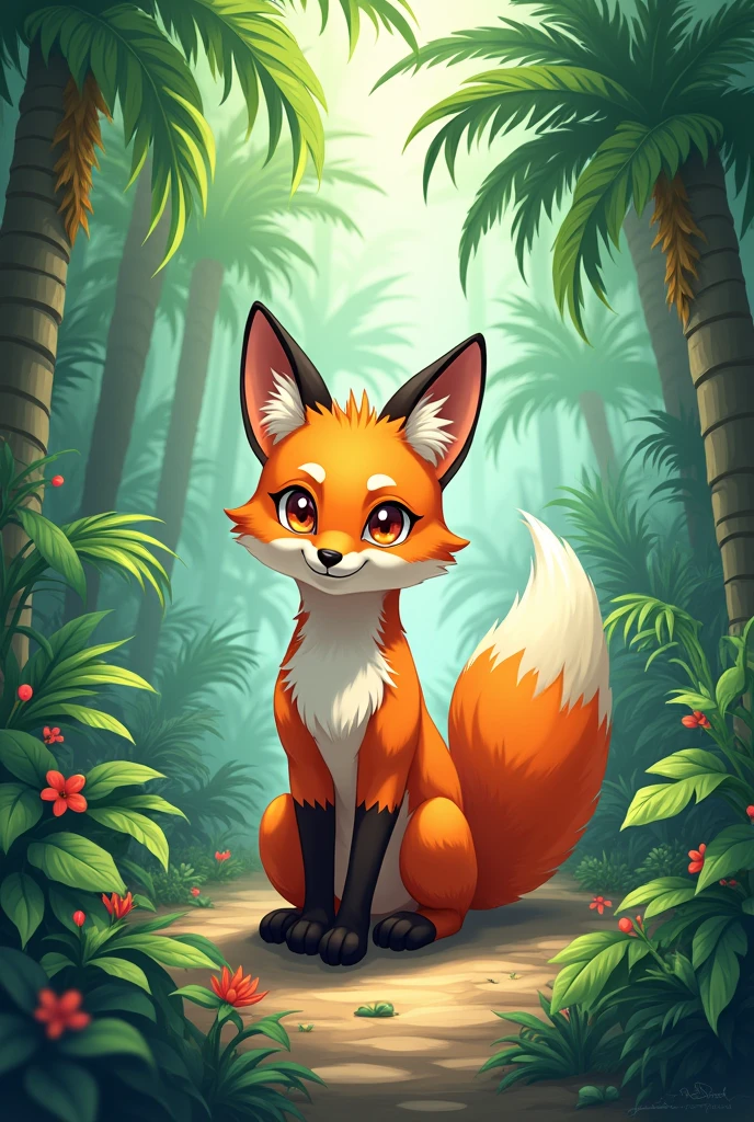 a japanese anime style fox, the background is jungle