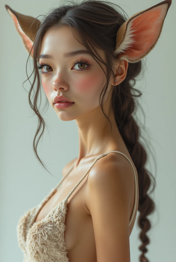 one girl, fawn ears, , pure, cute naked, topless, a Woman Bambi mix, human Body, big tits, furry and skin, fawn nose but the Rest of the face ist human, (((whiskers))) big eyes, fawn fur, deer eyes, hybride 40 %fawn and 60 % human, face mostly woman, fawn Hair , braid, fur instead of skin at Body Arms and shoulders and neck, tits are human, the mice nose is hairy , nipples, deer fur , full black Iris, hole eyes are black Just Like a fawn, slender, Bambi eyes, No clothes
