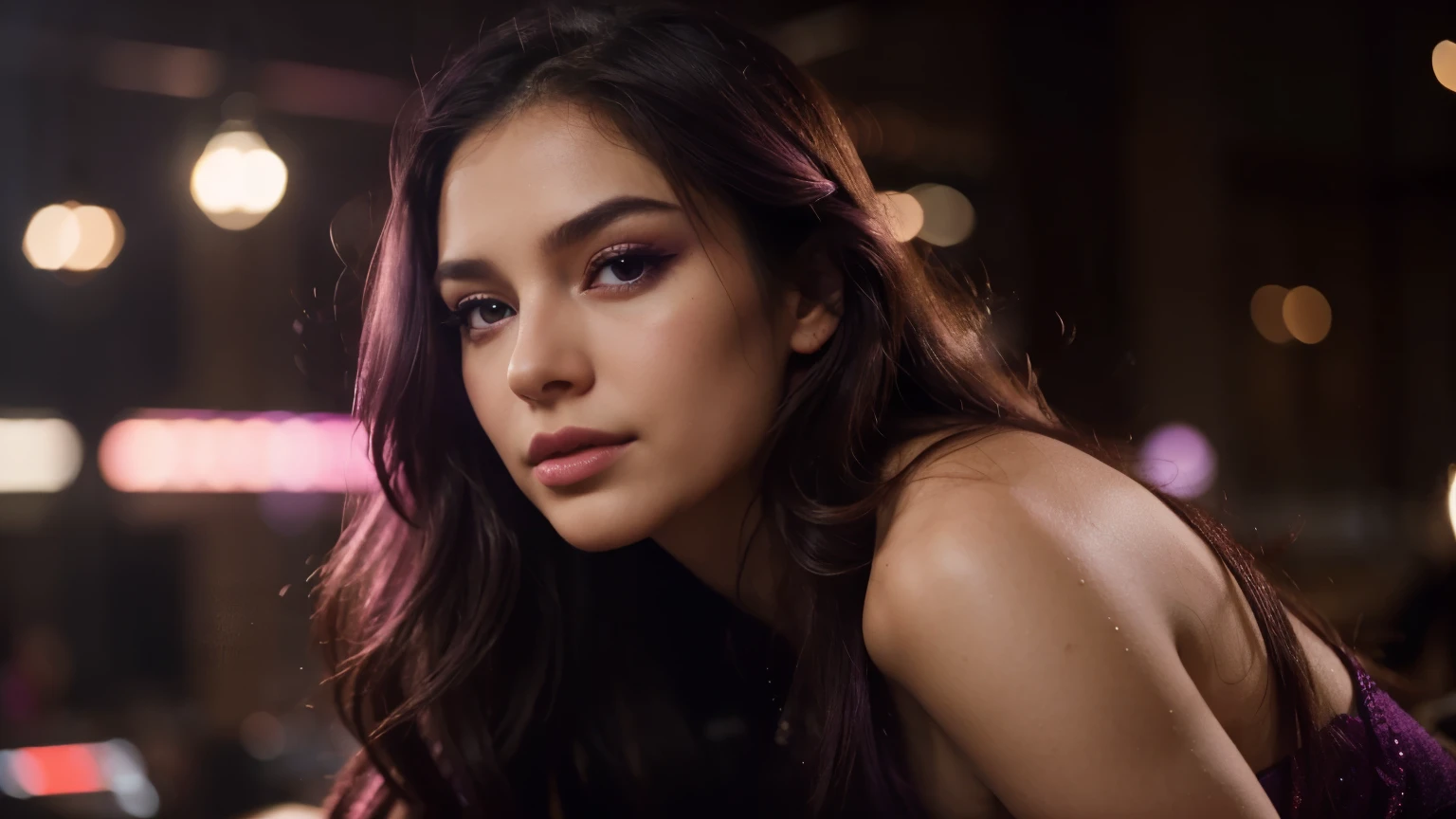 best quality,portrait,purple and pink lighting,vibrant colors,bokeh,highres,ultra-detailed, long flowing hair, sensual pose, alluring expression, glossy lips, smoky eyes, flawless complexion, seductive gaze, captivating beauty