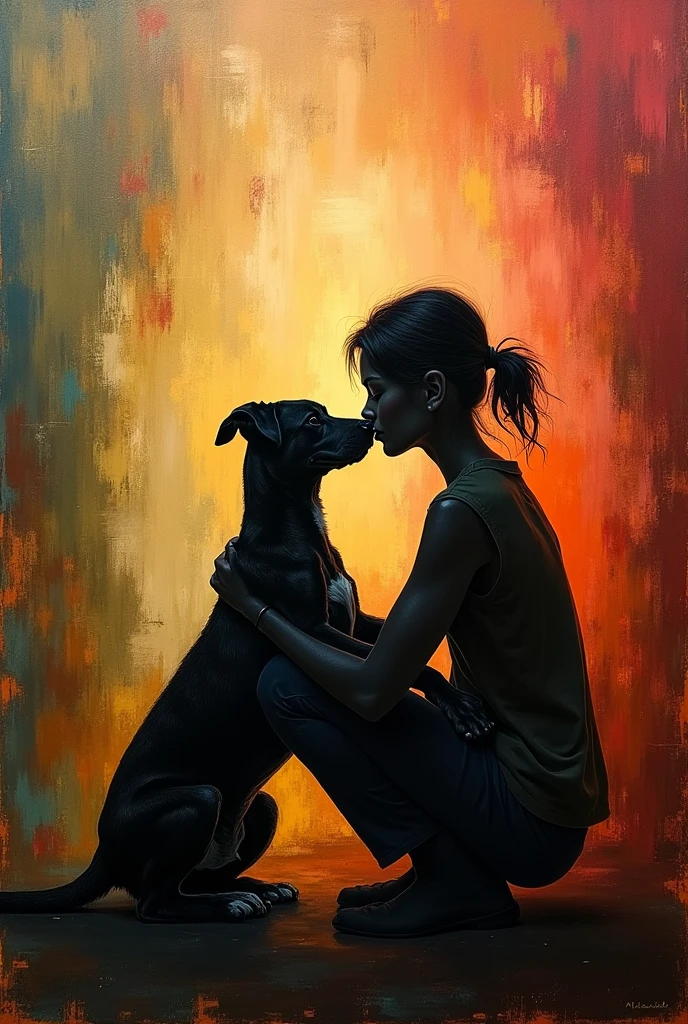 a beautiful abstract painting of a pet and its owner, the tones are brown, red, and green