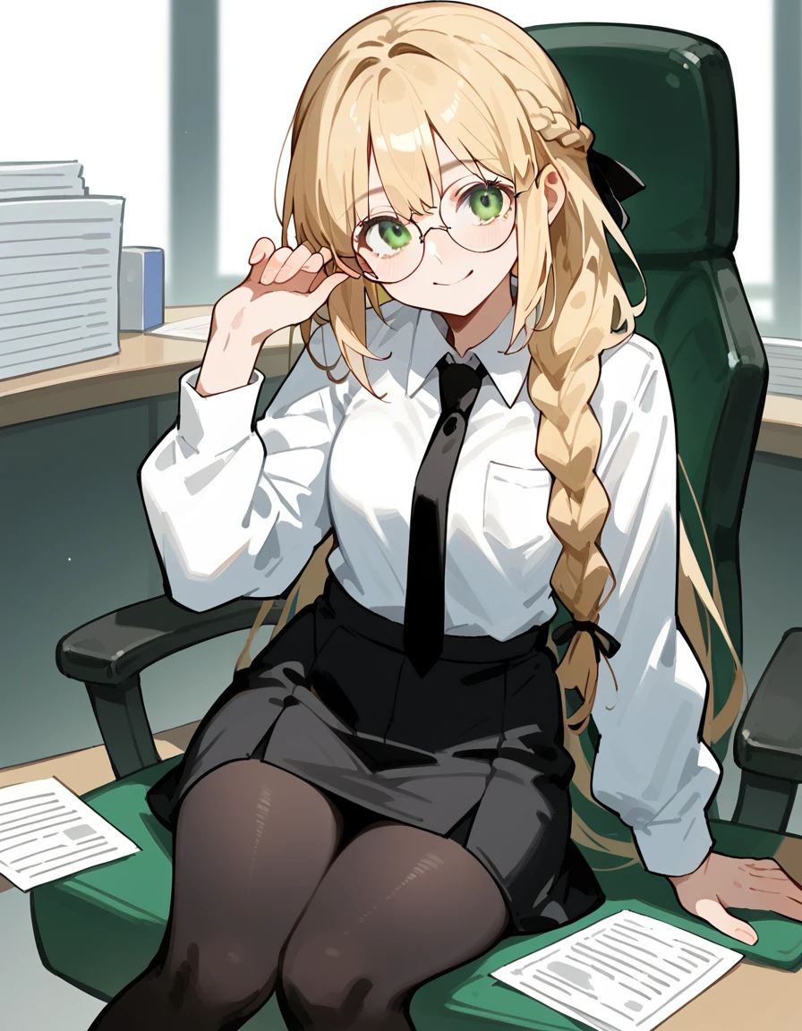 score_9, score_8_up, score_7_up, source_anime, 1girl, solo, looking at the viewer, smiling, blonde hair, long hair, green eyes, braid, single braid, glasses, round eyewear, (white shirt), (black necktie), (black skirt), skirt, ((black pantyhose)), office background, sitting on a chair, open legs,