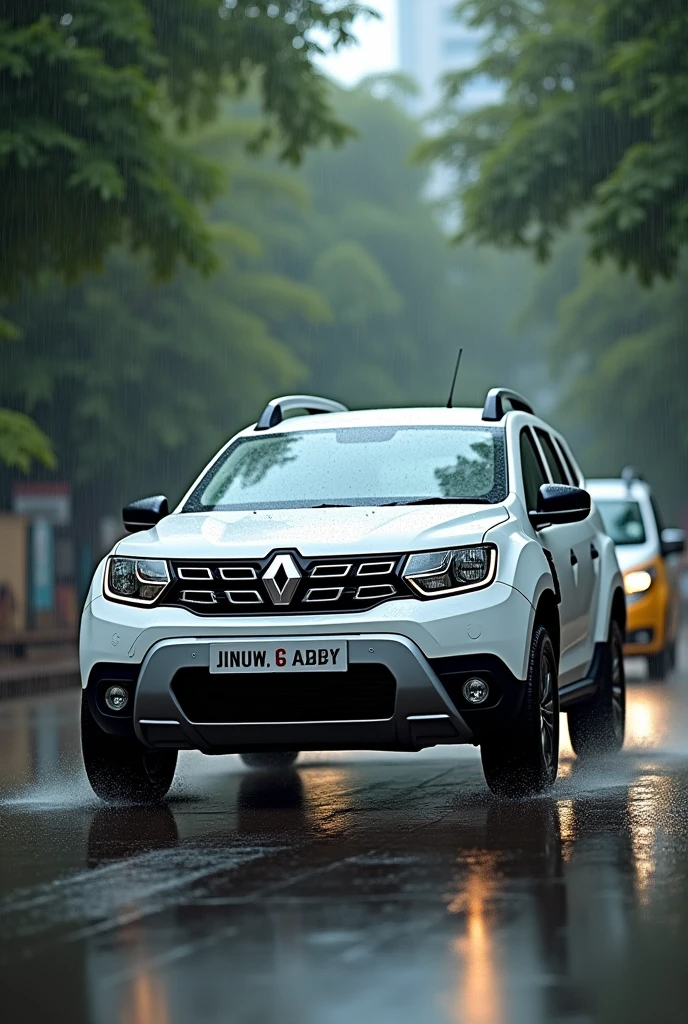 Renult dustrr white color car in rain daylight in indian modle

