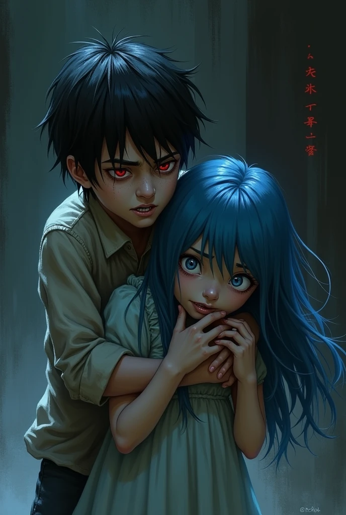 A boy with black hair and red eyes who is strangling a girl with long, very long hair and blue eyes.. 