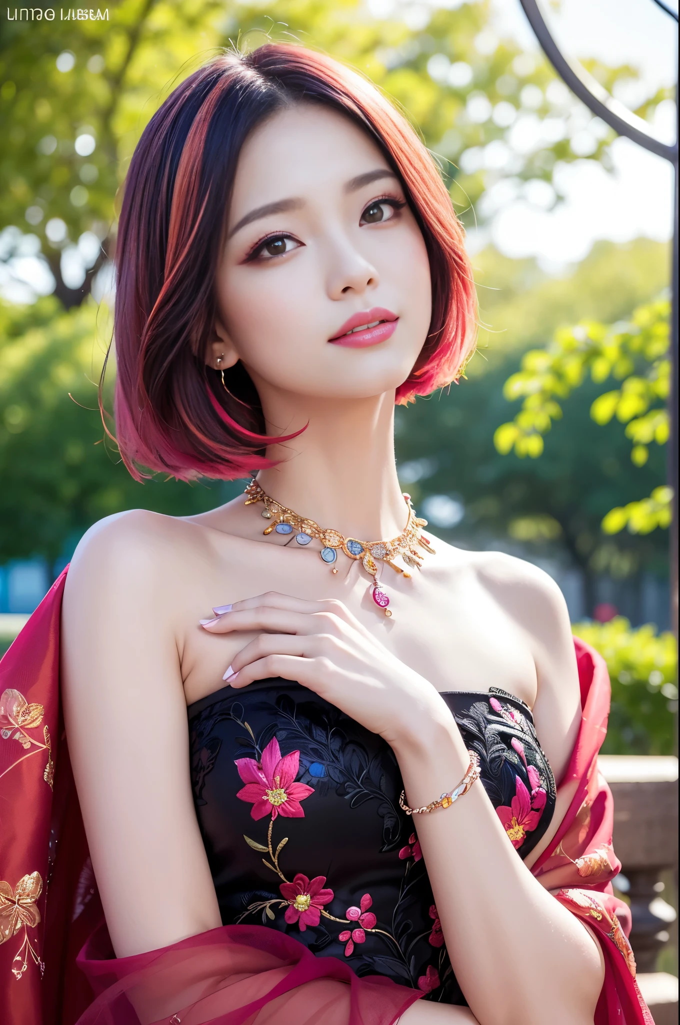 (masterpiece:1.4), (best quality:1.4), ultra high res, ultra high resolution, ((detailed facial features)), HDR, (realistic, photorealistic, photo-realistic:1.37), full body Esbian, sexy Vietnamese model, (-anime), vivid colors, ((vivid colors multicolor (red, pink) very short hair)), (happy smile), lip-gloss, long lashes, ultra detailed metallic makeup, defined eyebrows, wearing large sparkling colorful jewelery, wearing a red silk Paradise Kiss cosplay dress with black floral embroidery, ((vivid colors outfit)), vivid colors, look at the camera, cinematic light, large park background with trees, sweet and sexy pose