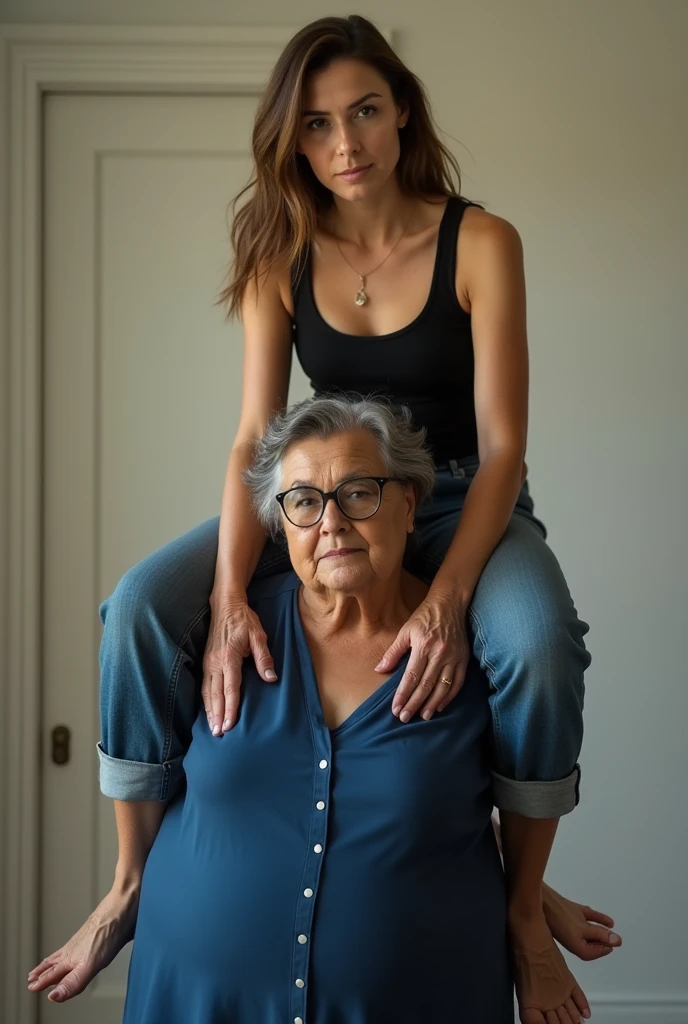Create a photo of a 30 year old young woman, with a slender and beautiful body, wearing a black low-cut tank top and jeans, with white and clear skin, with long light brown hair and has her back to the camera as she is lifted high on the shoulder of an obese black 90 year old elderly lady, dark black skinned, who has short hair, who wears glasses and a blue dress