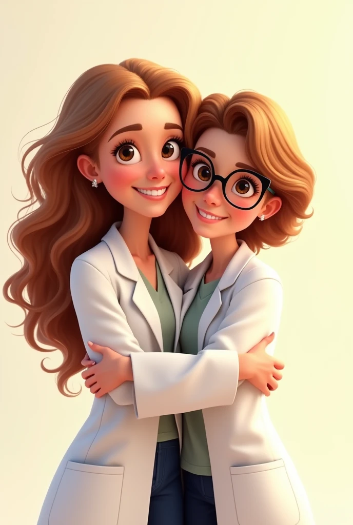 "Create a Pixar-style digital illustration celebrating Psychology Day. The image should feature two women in white lab coats, warmly embracing and smiling. The first woman is 2, around 159 cm tall, with long, curly, coppery-blonde hair (type 3A), light brown eyes that are almost honey-colored, and fair skin. The second woman is 6, taller at 164 cm, with short short brown hair, wearing glasses, brown eyes, and fair skin. The older woman should have distinct facial features that reflect her age but in a stylized Pixar manner, while the younger woman should have a youthful appearance. Both women should have expressive faces and the warm, joyful style typical of Pixar characters. The background should be simple and light, emphasizing their close bond.