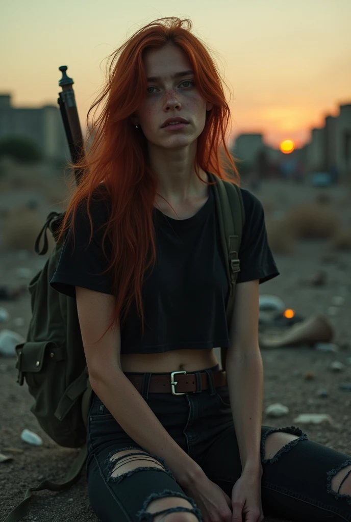 a cinematic portrait, focused on a subtle apocalyptic survivor. epic cinematography, the survivor is a girl with red hair, long disheveled hair, with a t-shirt that shows her shoulders, a torn t-shirt, a short black t-shirt, torn on the right breast, the nipple can be seen, tight black jeans, short and torn , backpack on his back, knife on his belt, bat in his right hand and crossbow next to the backpack on his back, dirty post-apocalyptic terrain, sweaty face, sitting among the ruins, sunset, dim light, campfires in the distance, body full, detailed body, a nipple can be seen in the torn shirt, military boots