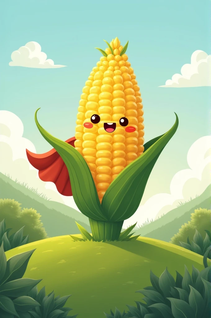 Make me an illustration for a family and tender logo that has a corncob on a summit and the corncob is a superhero