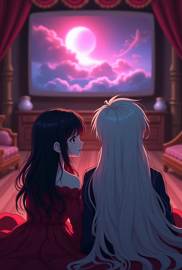 A VAMPIRE woman with black hair and red highlights and a brother who is a lord, man with long white hair. anime style image. The two side by side watching a movie as .