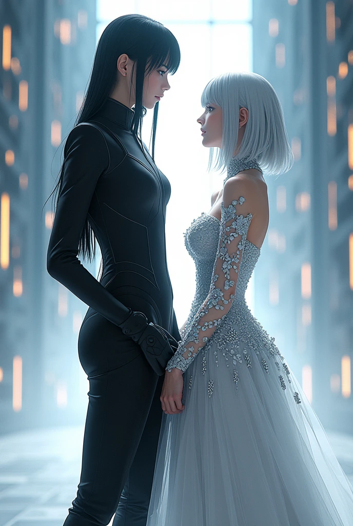 Sanakan and Cibo from Blame! Manga in a wedding dress), (sci-fi theme) suit black hair, dress striking silver hair, Futuristic atmosphere Emphasizes radiance pure atmosphere Intricate details of the outfit A soft but bright light shines from above. Intimate and romantic atmosphere Highly detailed, exceptionally detailed, cinematic quality, emotionally charged scenes.