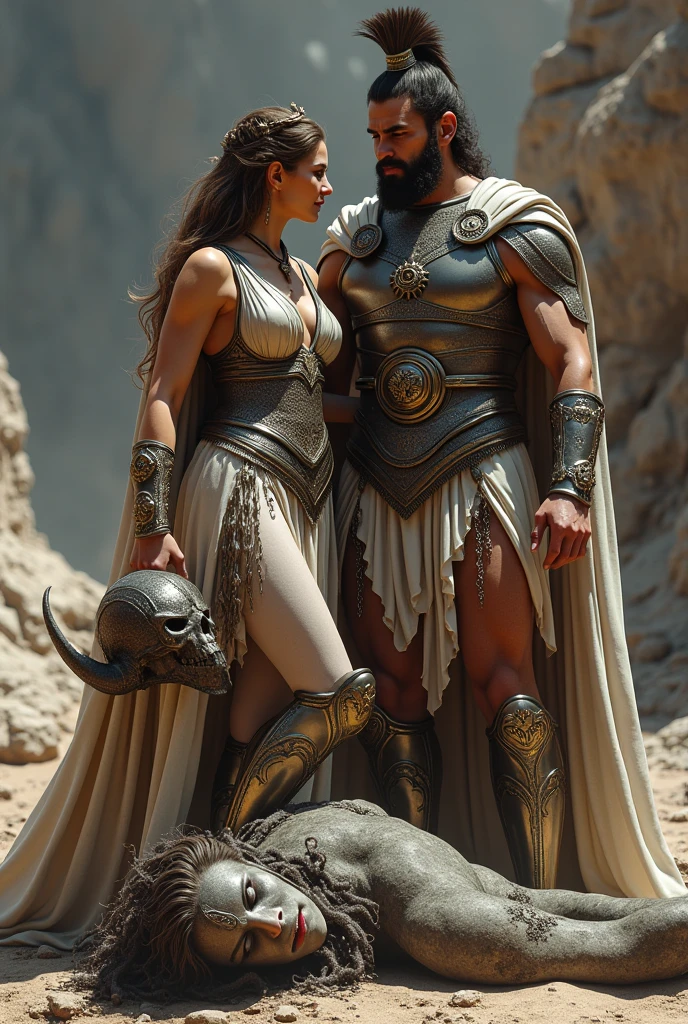 Atenea and Perseo, a heroic figure holding Medusa's head, Ancient Greece, Atenea in full armor guiding Perseo, a rocky landscape with Medusa’s decapitated body lying on the ground, the two standing victorious, medium shot, hyper-realistic, photo realism, cinematography --ar 9:16