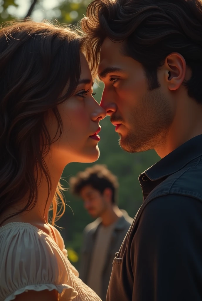 Un couple, homme regarde la femme avec désirs car il l'aime. La femme elle est plus triste, perturber. Un autre hommes la regarder un ancienne amour. Style réaliste