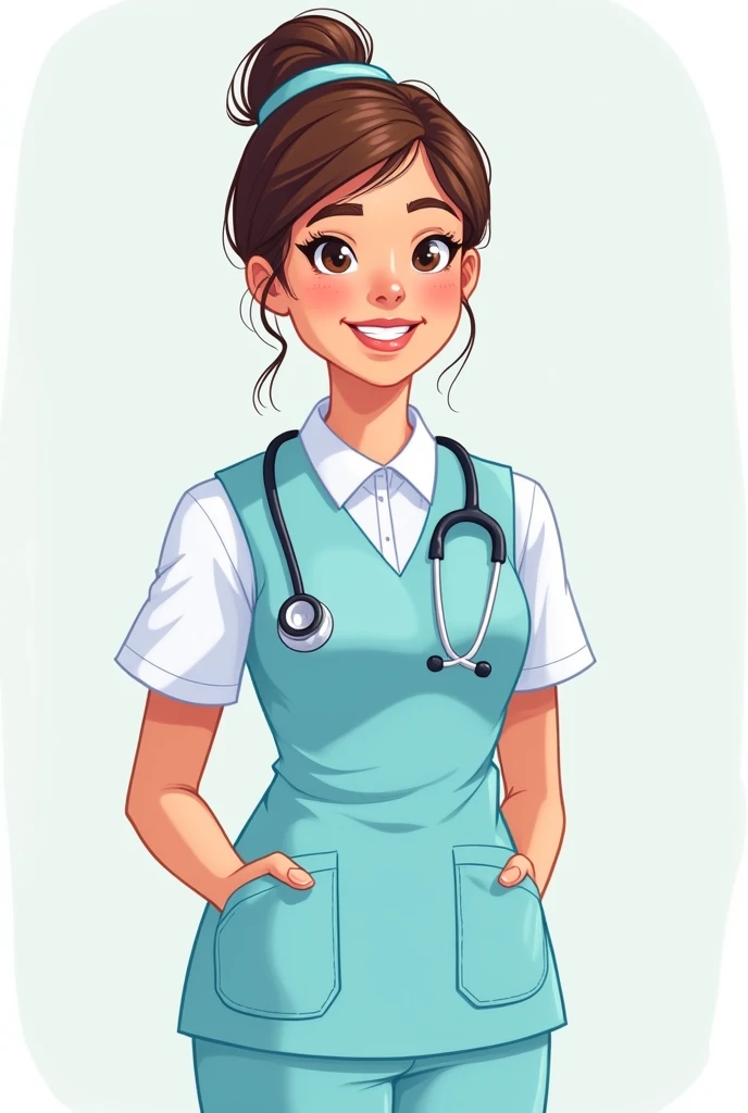 Cartoon of dental nurse uniform white blouse and light blue vest NO stethoscope dental nurses do not use stethoscope