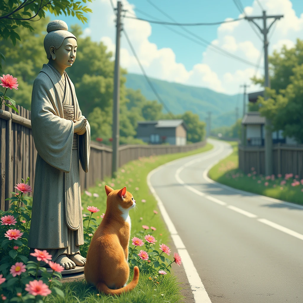Jizo statue on a country road、Cat、flower、