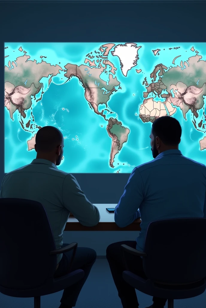 LHACEN a project manager narrowly missed ,round face, hair cut close ,assis avec Adama jeune noir ,broad shoulder, a small belly and a big head ,They look at a large screen that projects geographic maps