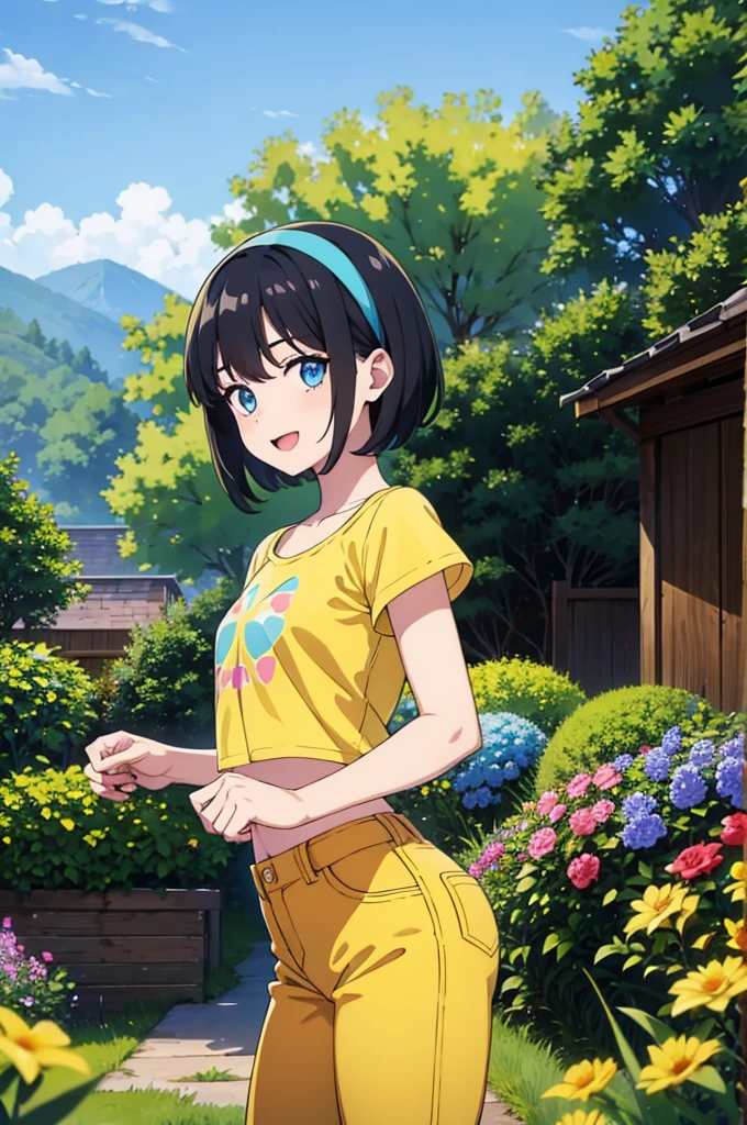 1girl, Solo, black hair, blue eyes, pale skin, powerder blue t shirt, puffy short slevees, yellow pants, short hair, smiling, floral print, open mouth, garden, outdoors, head band, standing, Masterpece, looking at the viewers, cowboy shot, ,looking at veiewers,Best Quality, puffy short slevees, yellow jeans,