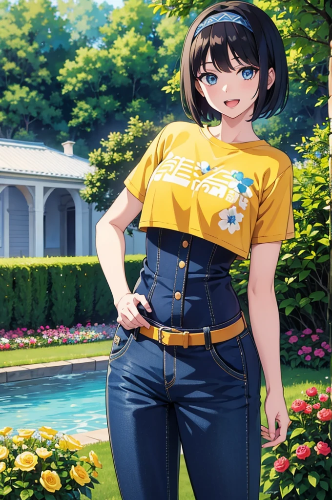 1girl, Solo, black hair, blue eyes, pale skin, powerder blue t shirt, puffy short slevees, yellow pants, short hair, smiling, floral print, open mouth, garden, outdoors, head band, standing, Masterpece, looking at the viewers, cowboy shot, ,looking at veiewers,Best Quality, puffy short slevees, yellow jeans,