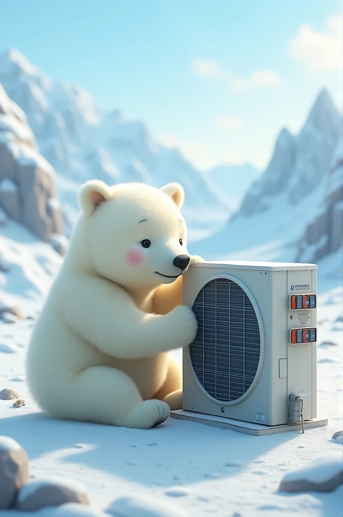 Friendly polar bear with outdoor air conditioning unit