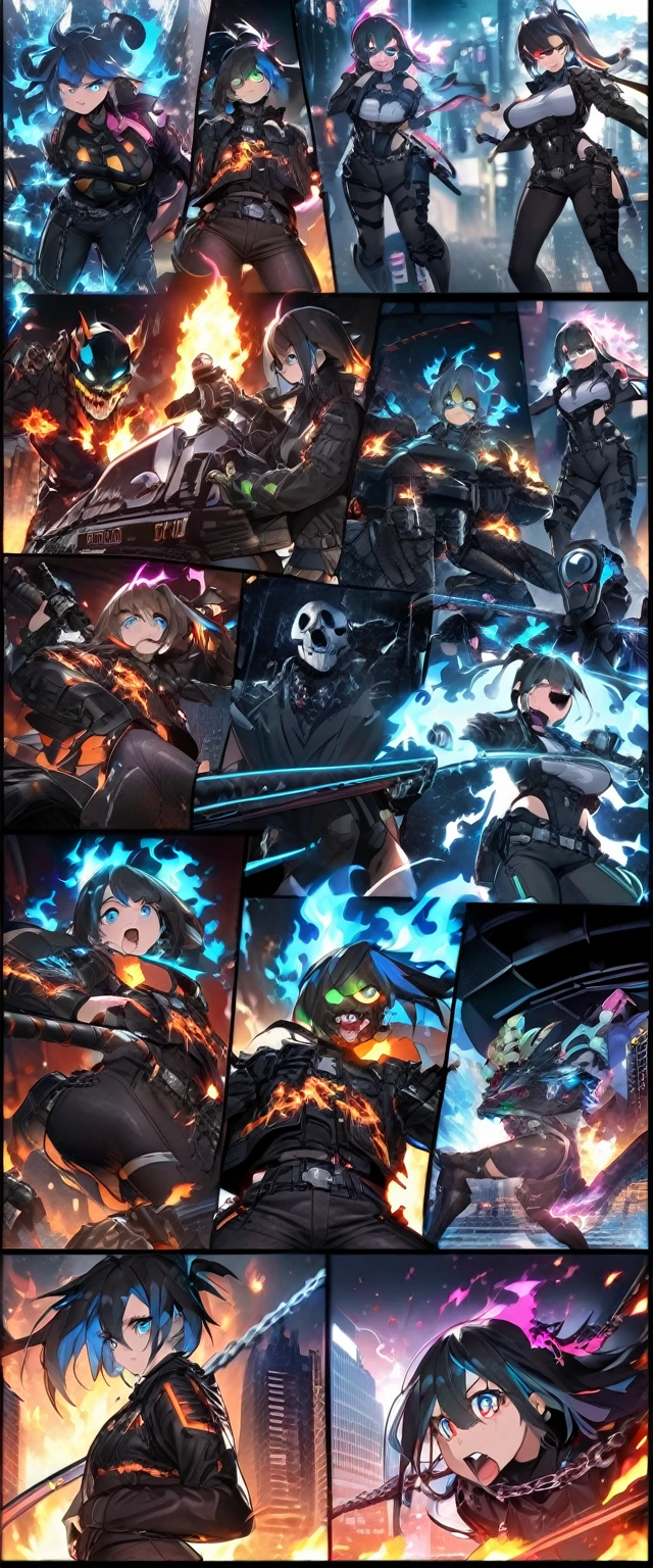 core_9、score_8_up、score_7_up、score_6_up、Movie-like scene、Dynamic pose、knava、Halftone effect、Inflamed skull、(Ghost Rider with a burning skull on his head)、Head of inflammation、Fiery neck、Burning Eyes、Fiery blue inflammation hair、Leather jacket、chain、Blue Fire、Fire breathing、Open your mouth、Huge Firebolt、Gazing at the viewer、Electric lightning arcs from body、Keep arms、Keep、arms、whip、Keepchain ((inflammation))、neon cyberpunk、Dark Cyberpunk City、OverallDetail lora:FireBreath:0.9>