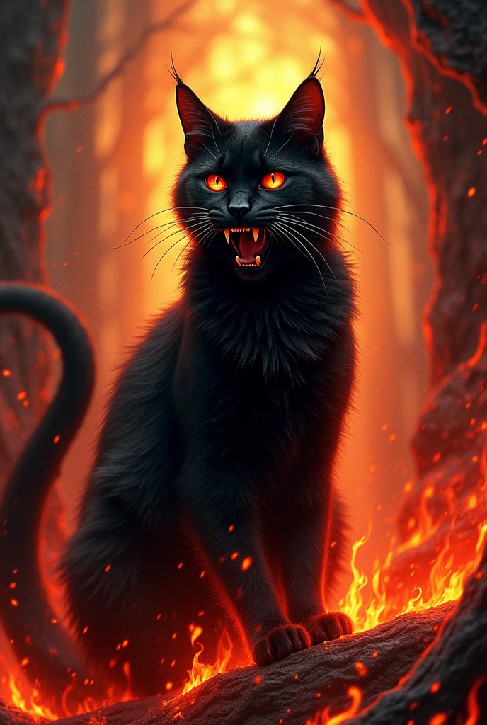 Create a playing card with a drawing of a black cat and fire Hell's cat