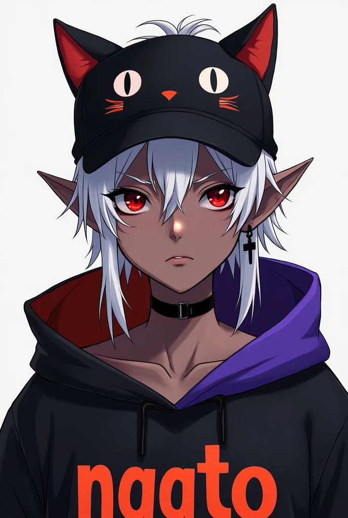 young man, Black skin tone, dark red eyes, wears prescription glasses, White hair, hair tied with ponytail, 2 strands of hair in the front, elf ear, wearing black cross earring, wears an all black cap with a cat face, wears a closed hood with two different colors, black on one side and purple on the other, with an orange name written: NGGTO