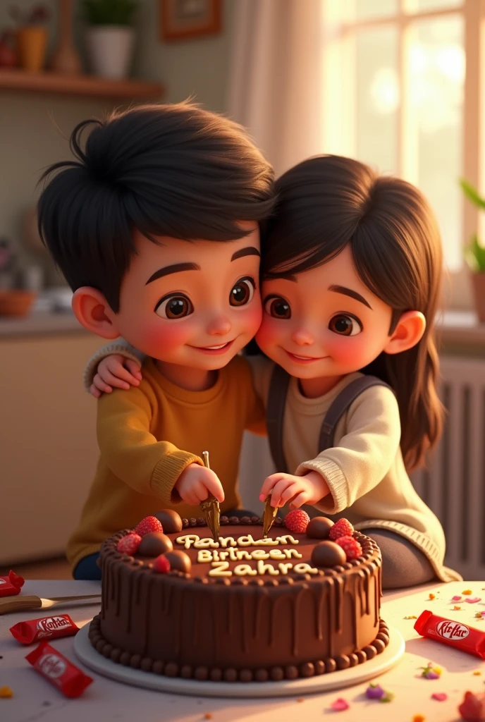 A young healthy boy and a girl with chubby cheeks both colors are white and they celebrating the birthday of a girl and girl name is farheen while the chocolate cake they are cutting also name as Farheen Zahra and the girl sitting on a boy legs cutting his cake background is look like home cake name is farheen zahra chocolate cake kitkat cake