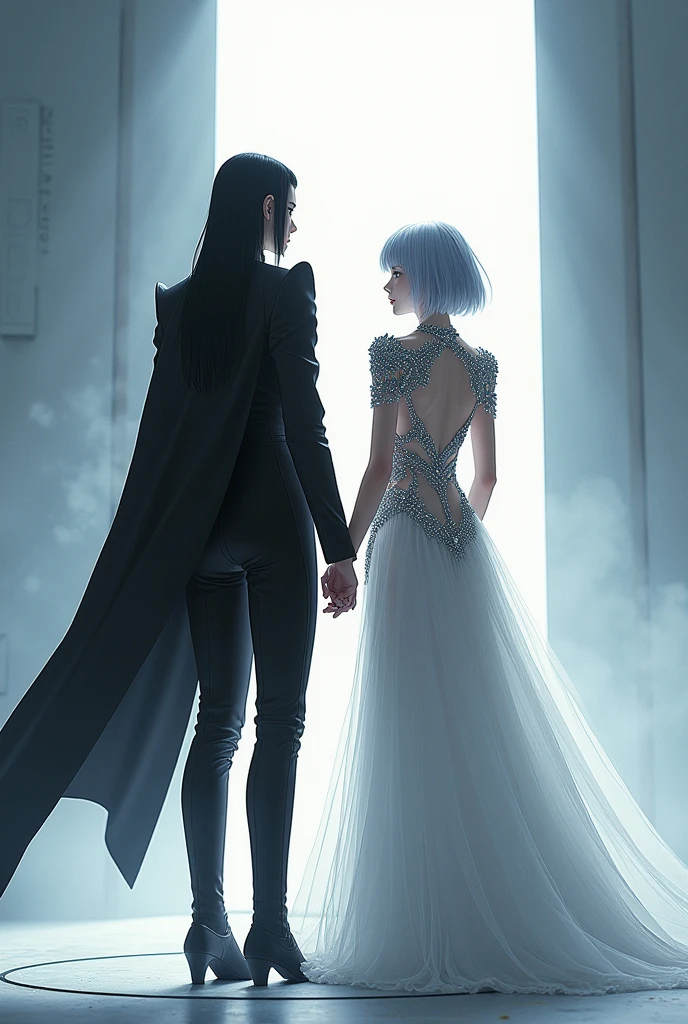 Sanakan and Cibo from Blame! Manga in a wedding dress), (sci-fi theme) suit black hair, dress striking silver hair, Futuristic atmosphere Emphasizes radiance pure atmosphere Intricate details of the outfit A soft but bright light shines from above. Intimate and romantic atmosphere Highly detailed, exceptionally detailed, cinematic quality, emotionally charged scenes.