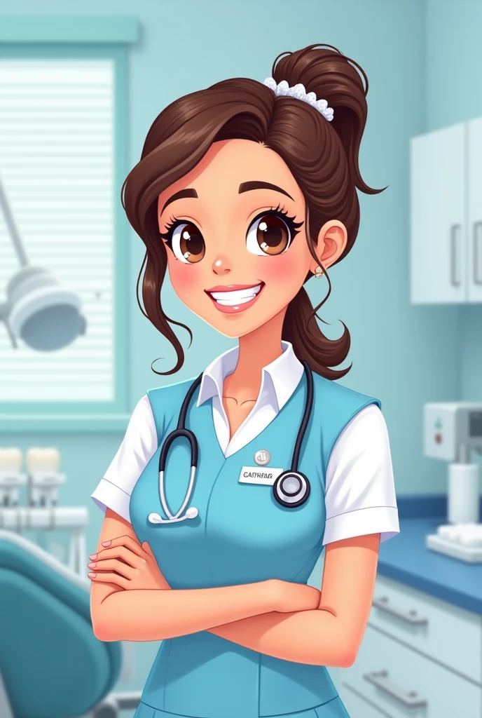 Cartoon of a dental nurse wearing a white blouse and a light blue vest 