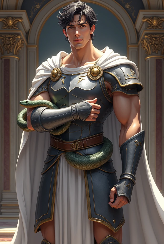 Greek king, de 25 anos, with gray armor, clothes and white cape, with a pet snake wrapped around his arm, ((anime styling)), 