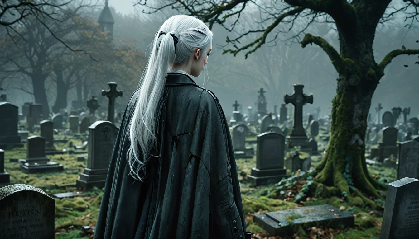  Frieren stands in an old, overgrown cemetery, her back to the camera, with her head bowed as she gazes solemnly at two graves in front of her. Her white hair, styled in twintails, falls softly down her back, slightly tousled by a gentle breeze. She is wearing a worn cloak, and the texture of her clothing, along with her skin, appears lifelike and natural, capturing the subtle details of reality. The graves are weathered and partially covered with moss, with cracked headstones showing the wear of time. The environment around her is dark, misty, and melancholic, with dead leaves scattered across the ground, and the tombstones and stone pathways covered in dirt and age. The lighting is moody and atmospheric, highlighting the emotional weight of the moment, making Frieren and the cemetery feel hyper-realistic, as though captured in a high-definition photograph.