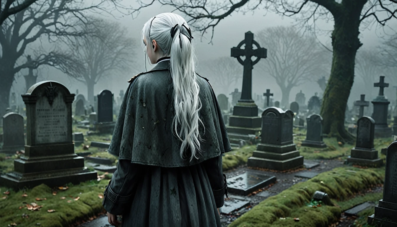  Frieren stands in an old, overgrown cemetery, her back to the camera, with her head bowed as she gazes solemnly at two graves in front of her. Her white hair, styled in twintails, falls softly down her back, slightly tousled by a gentle breeze. She is wearing a worn cloak, and the texture of her clothing, along with her skin, appears lifelike and natural, capturing the subtle details of reality. The graves are weathered and partially covered with moss, with cracked headstones showing the wear of time. The environment around her is dark, misty, and melancholic, with dead leaves scattered across the ground, and the tombstones and stone pathways covered in dirt and age. The lighting is moody and atmospheric, highlighting the emotional weight of the moment, making Frieren and the cemetery feel hyper-realistic, as though captured in a high-definition photograph.