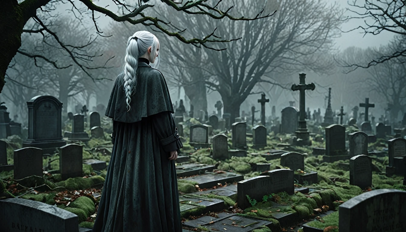  Frieren stands in an old, overgrown cemetery, her back to the camera, with her head bowed as she gazes solemnly at two graves in front of her. Her white hair, styled in twintails, falls softly down her back, slightly tousled by a gentle breeze. She is wearing a worn cloak, and the texture of her clothing, along with her skin, appears lifelike and natural, capturing the subtle details of reality. The graves are weathered and partially covered with moss, with cracked headstones showing the wear of time. The environment around her is dark, misty, and melancholic, with dead leaves scattered across the ground, and the tombstones and stone pathways covered in dirt and age. The lighting is moody and atmospheric, highlighting the emotional weight of the moment, making Frieren and the cemetery feel hyper-realistic, as though captured in a high-definition photograph.