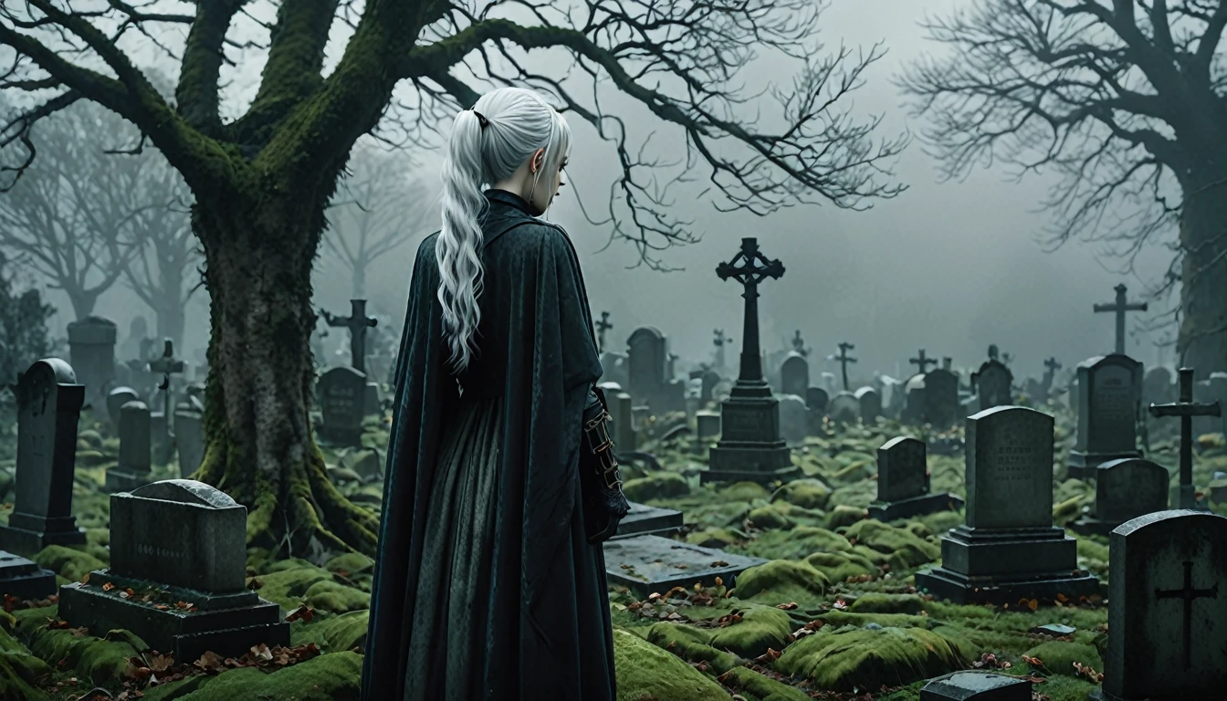  Frieren stands in an old, overgrown cemetery, her back to the camera, with her head bowed as she gazes solemnly at two graves in front of her. Her white hair, styled in twintails, falls softly down her back, slightly tousled by a gentle breeze. She is wearing a worn cloak, and the texture of her clothing, along with her skin, appears lifelike and natural, capturing the subtle details of reality. The graves are weathered and partially covered with moss, with cracked headstones showing the wear of time. The environment around her is dark, misty, and melancholic, with dead leaves scattered across the ground, and the tombstones and stone pathways covered in dirt and age. The lighting is moody and atmospheric, highlighting the emotional weight of the moment, making Frieren and the cemetery feel hyper-realistic, as though captured in a high-definition photograph.