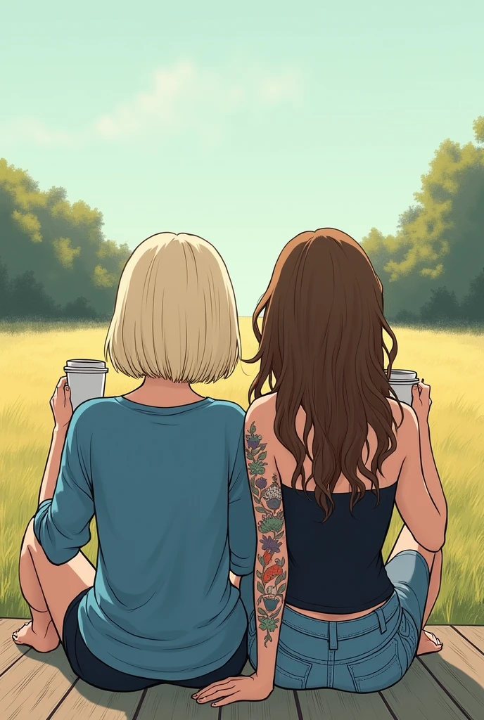 Un dessin de type manga de deux filles assises l'une à côté de l'autre de dos qui boivent un café dans la nature. Elles regardent l'horizon. We only see their backs. The first girl has platinum blonde hair with a very straight shoulder length bob and a blue sweater.. The second one has very long, wavy brown hair and a black tank top.. She has her entire right arm tattooed. 